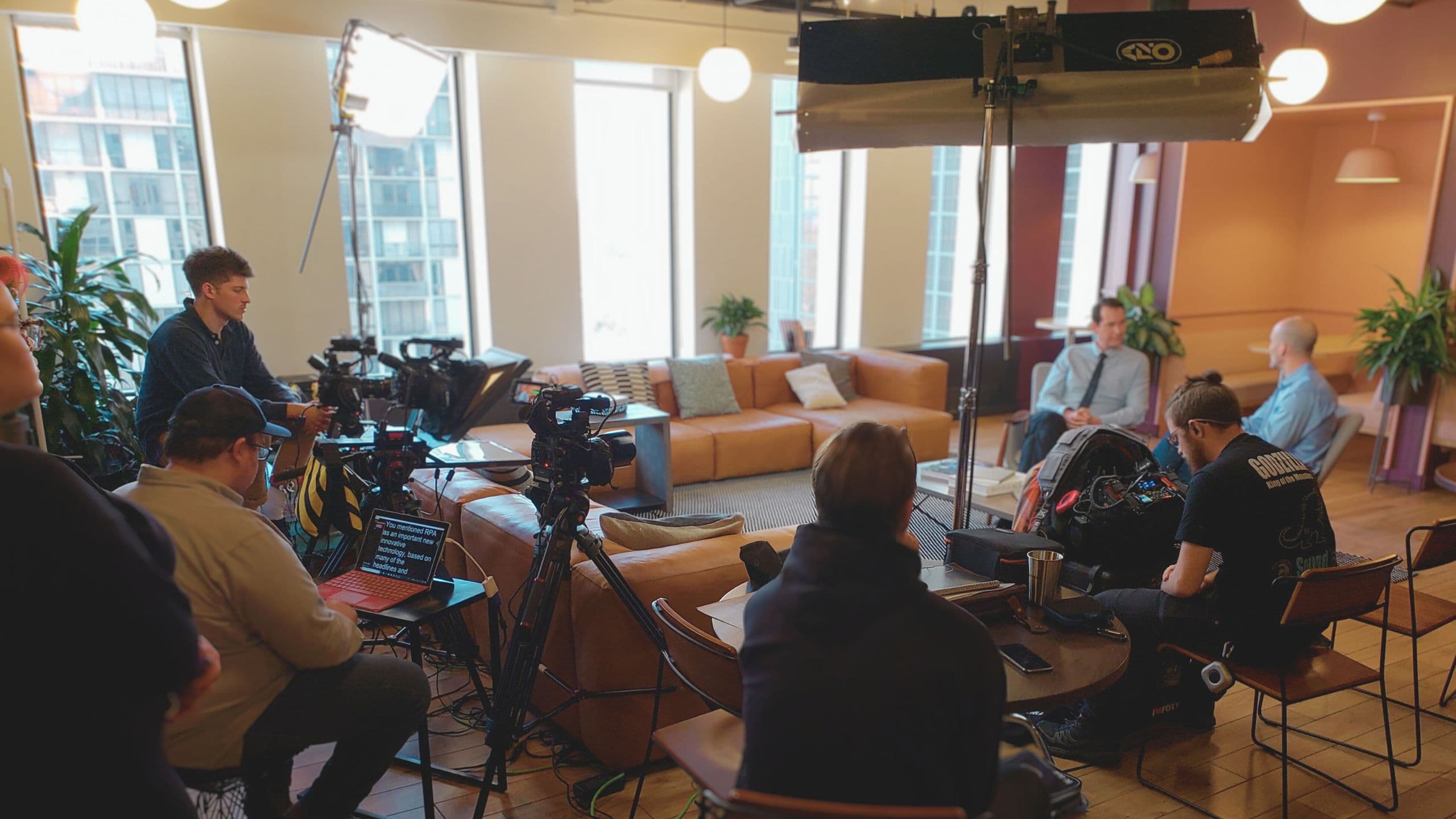 The full crew setting up an on-location interview